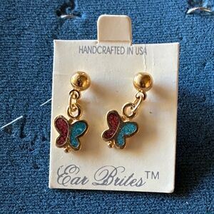 Gold Butterfly Drop Earrings with Red and Teal Enamel - Ear Bites